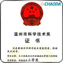 温州市科技进步三等奖-大口径高压无外泄漏波纹管阀门的研制