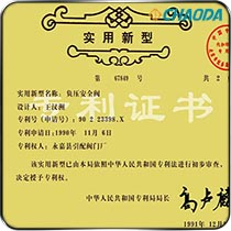 专利证书 负压安全阀